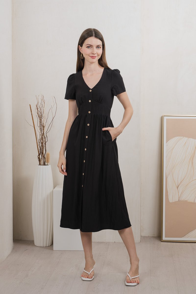 Bronte Empire Button Midi Dress In Black (XS)