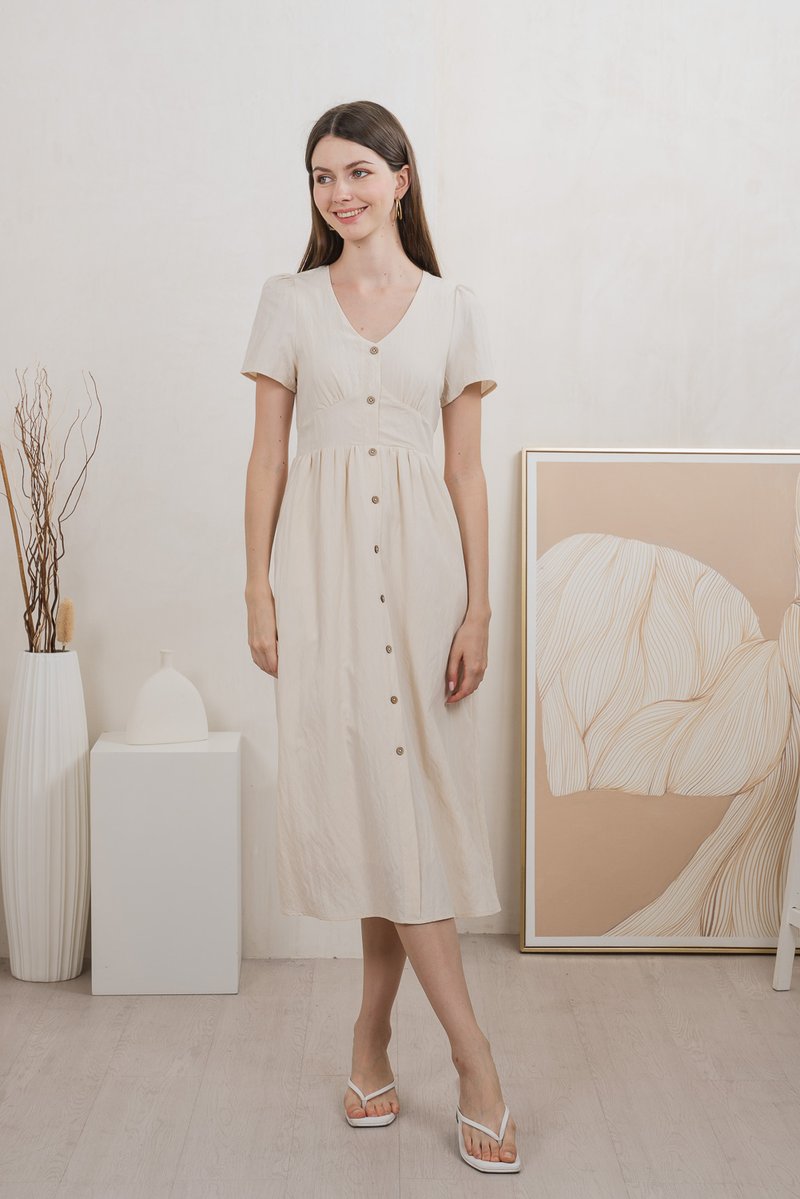 Bronte Empire Button Midi Dress In Cream