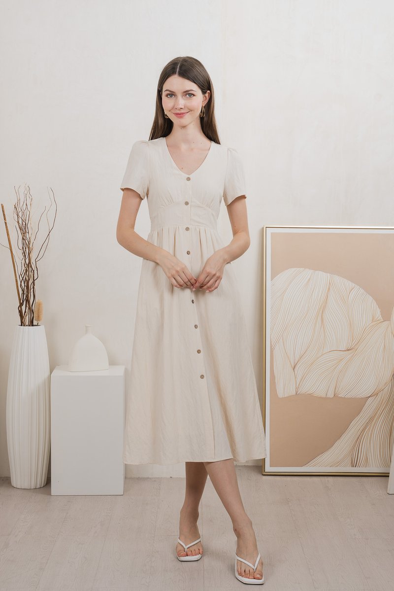 Bronte Empire Button Midi Dress In Cream