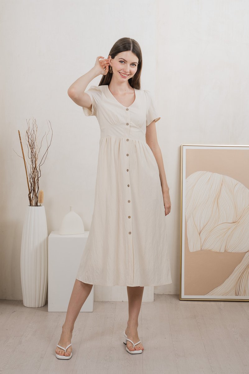 Bronte Empire Button Midi Dress In Cream