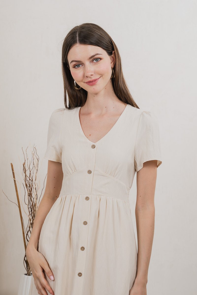 Bronte Empire Button Midi Dress In Cream