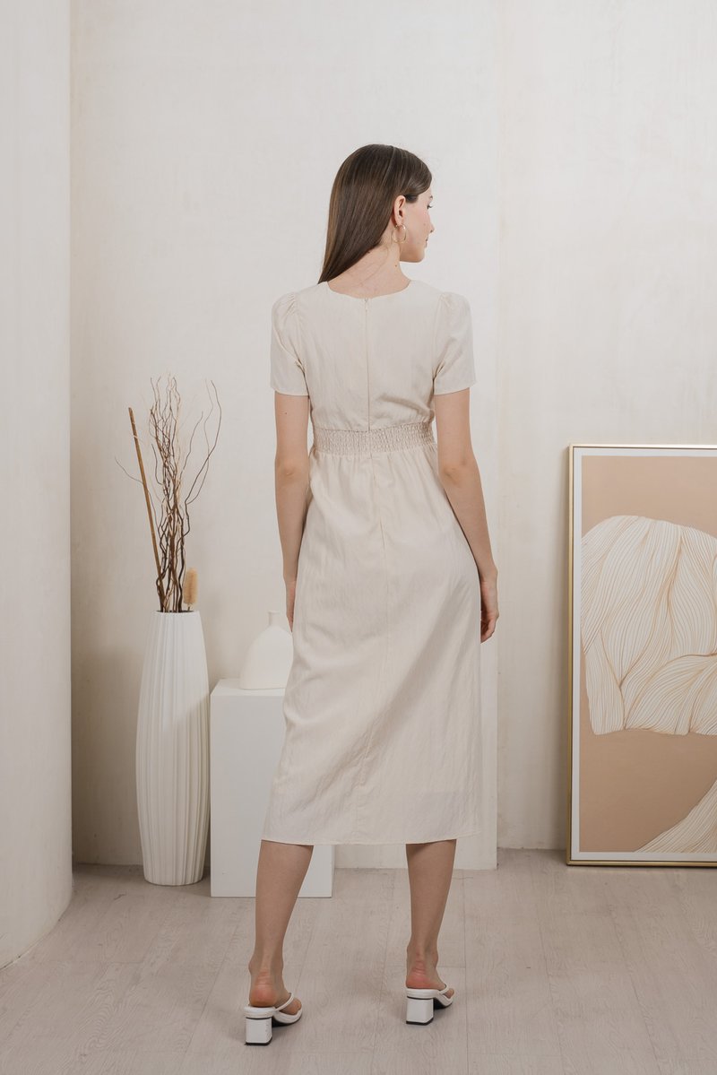 Bronte Empire Button Midi Dress In Cream