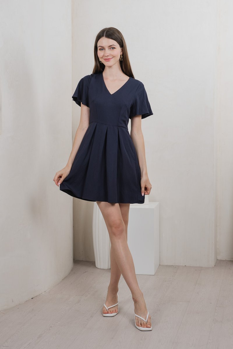 Milica Pleated Sleeve Dress In Navy
