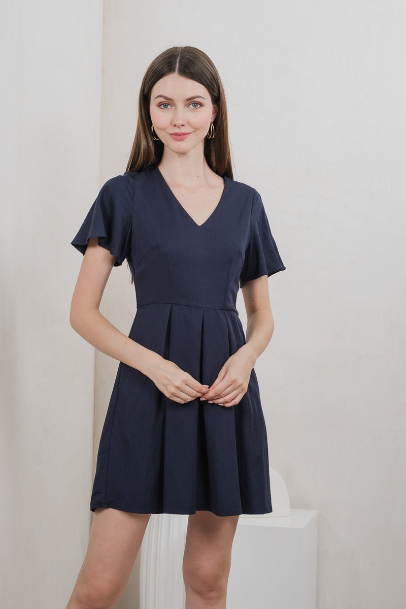 Milica Pleated Sleeve Dress In Navy