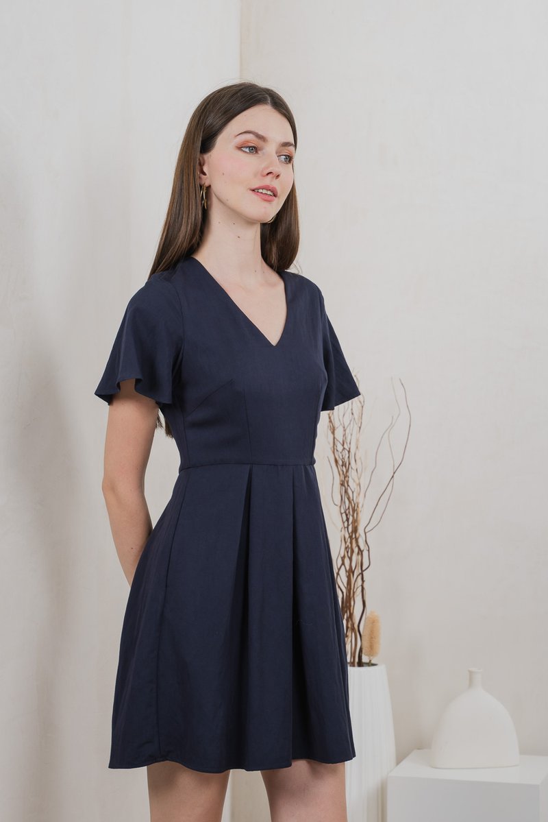 Milica Pleated Sleeve Dress In Navy