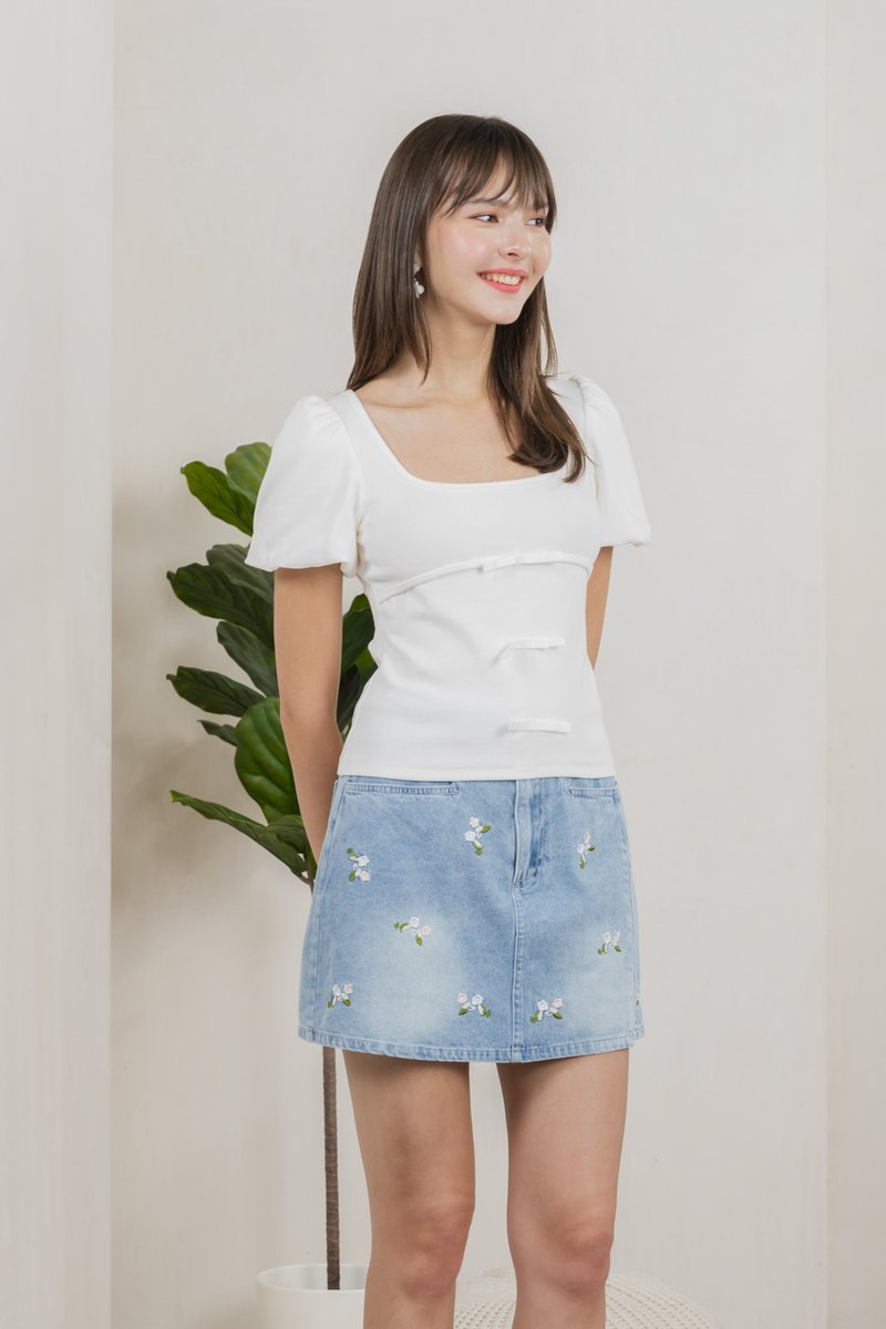 Blanca Ribbed Cotton Bow Top In White