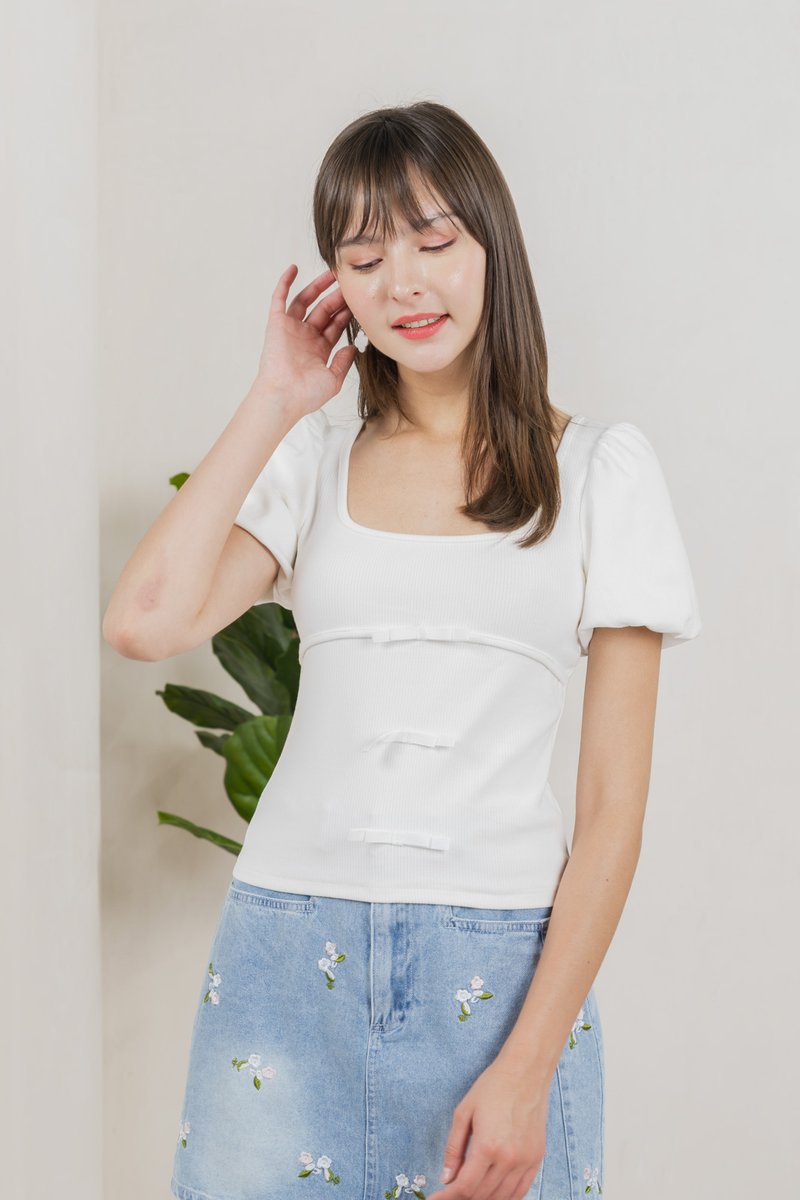 Blanca Ribbed Cotton Bow Top In White