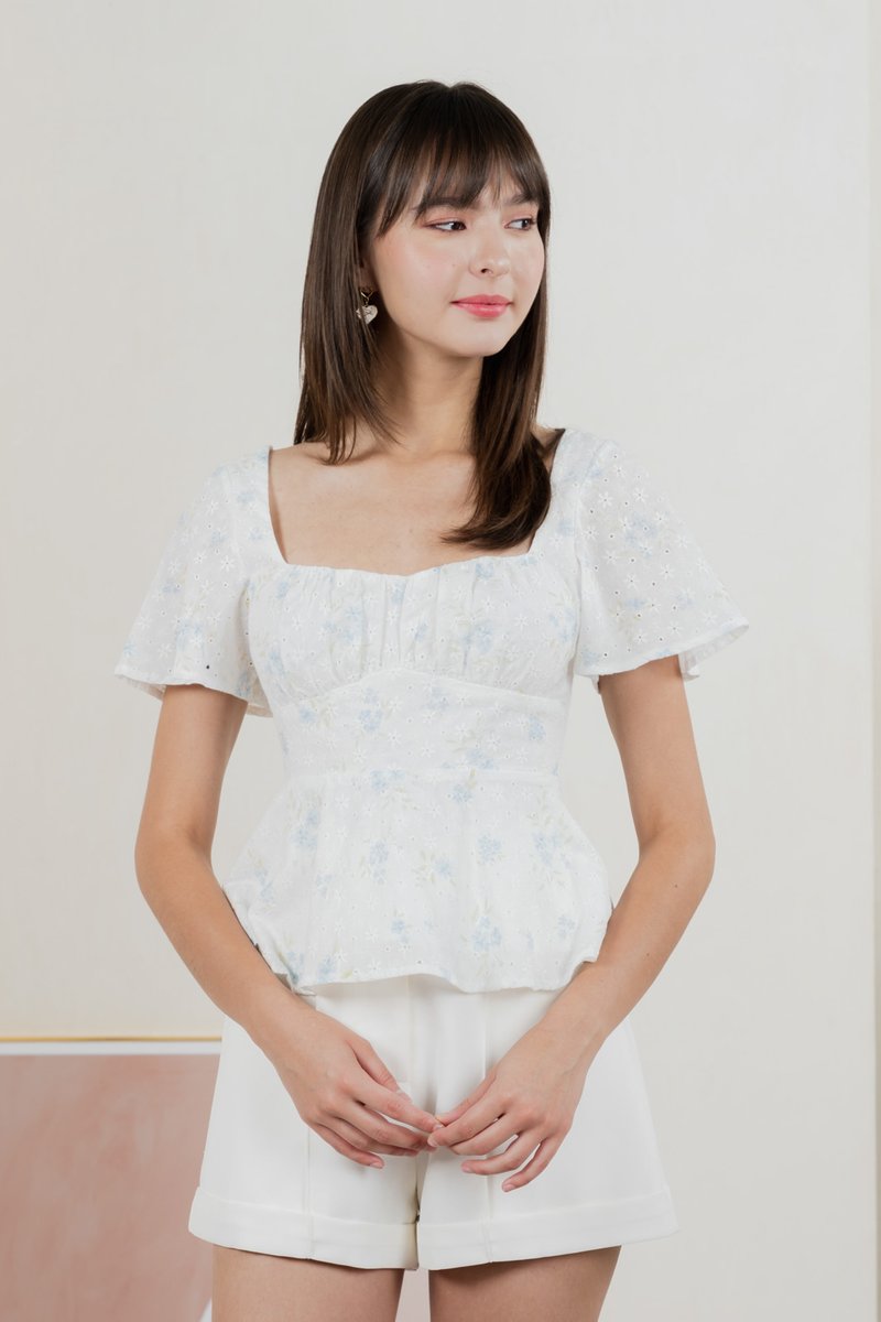 Inessa Floral Eyelet Empire Top In Blue