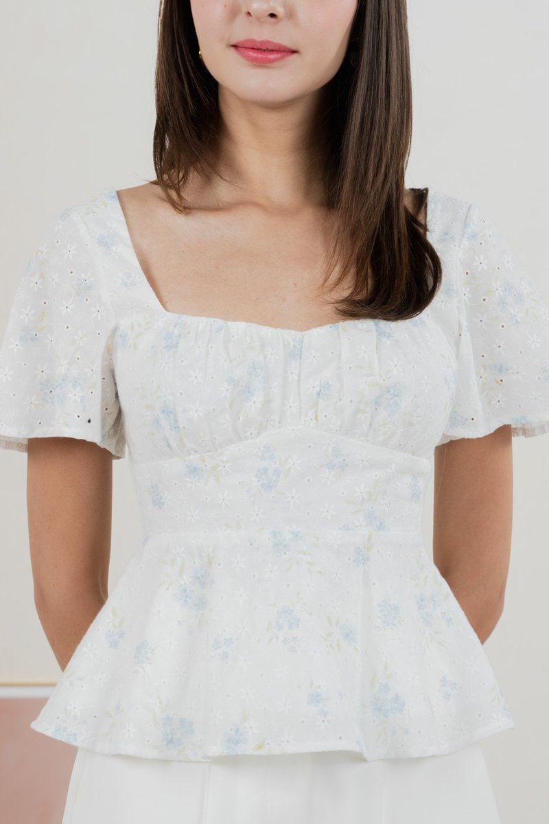 Inessa Floral Eyelet Empire Top In Blue