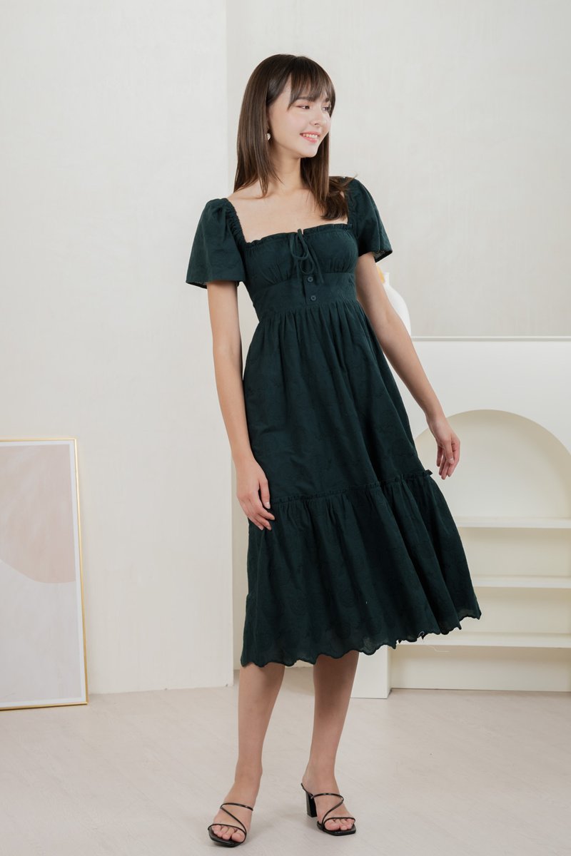 Brilliant Broderie Ribbon Midi Dress In Emerald