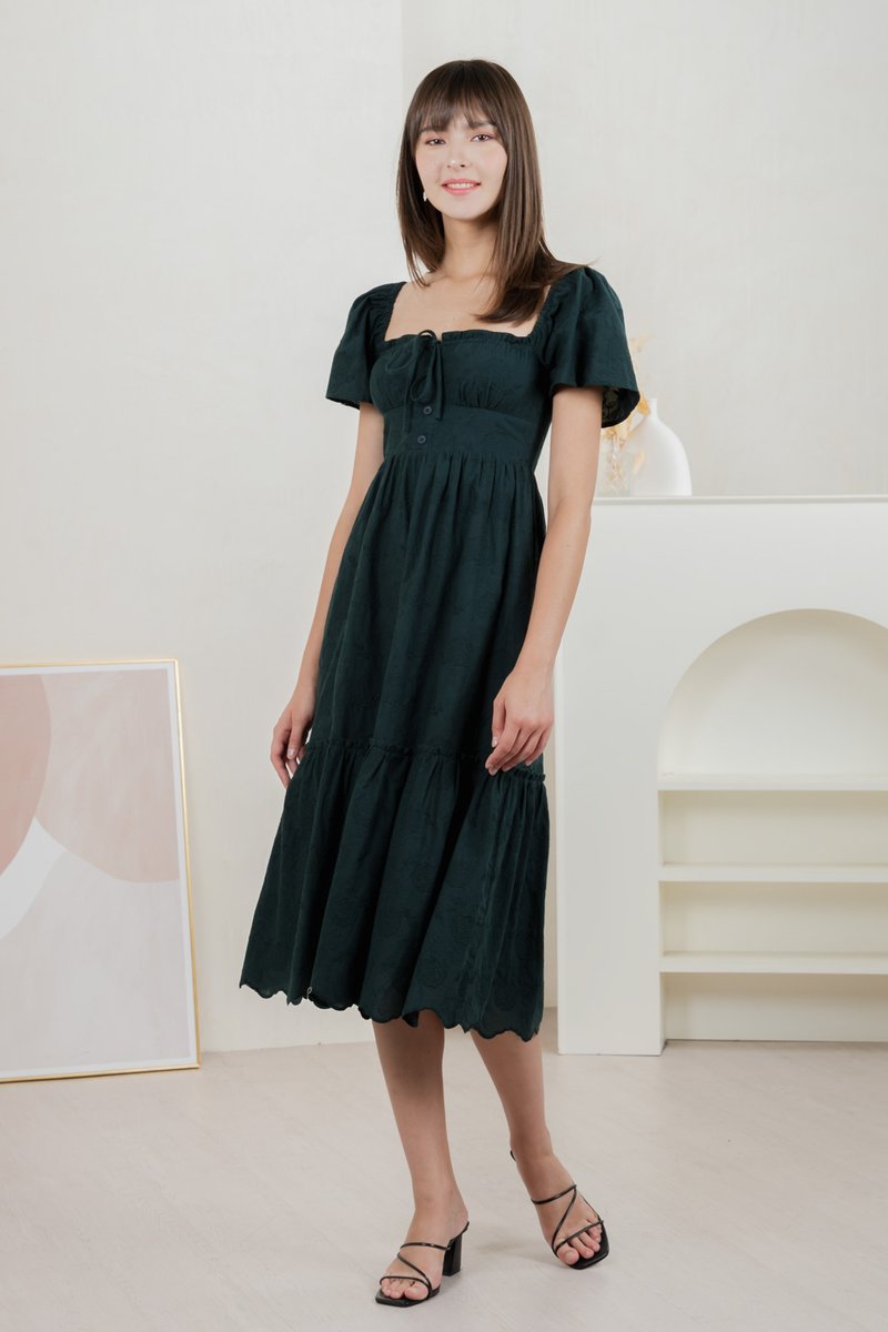 Brilliant Broderie Ribbon Midi Dress In Emerald