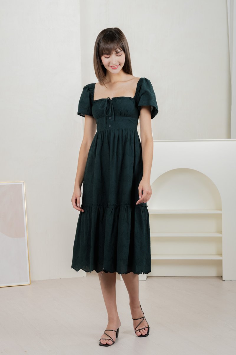Brilliant Broderie Ribbon Midi Dress In Emerald