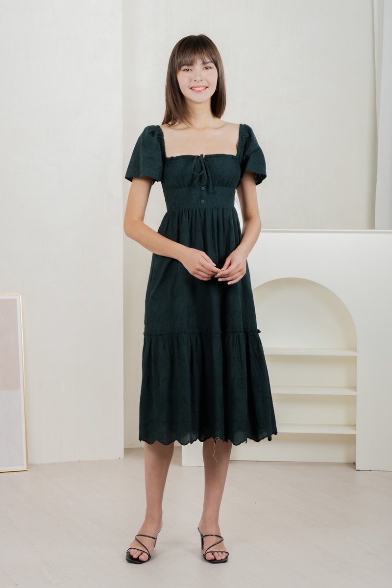 Brilliant Broderie Ribbon Midi Dress In Emerald