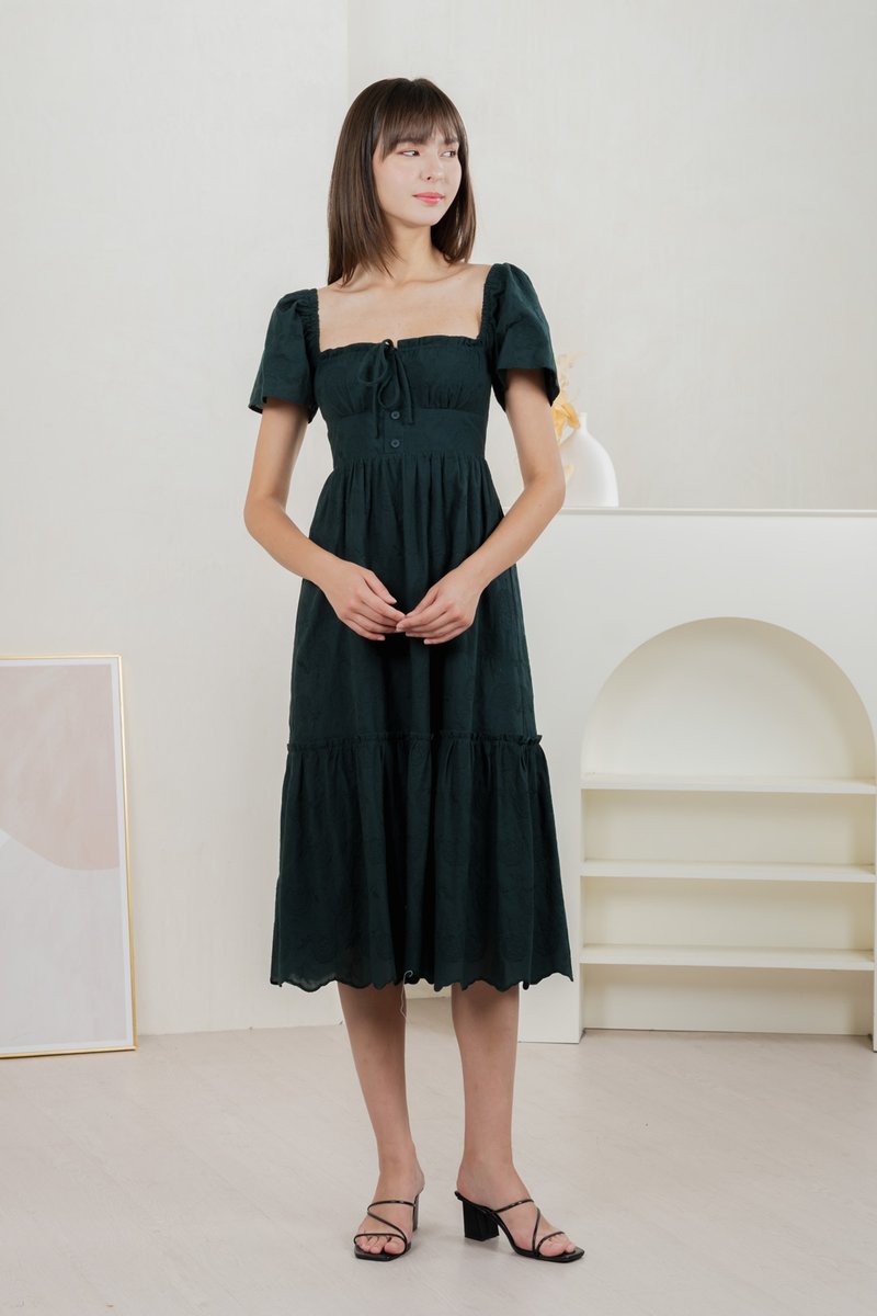 Brilliant Broderie Ribbon Midi Dress In Emerald