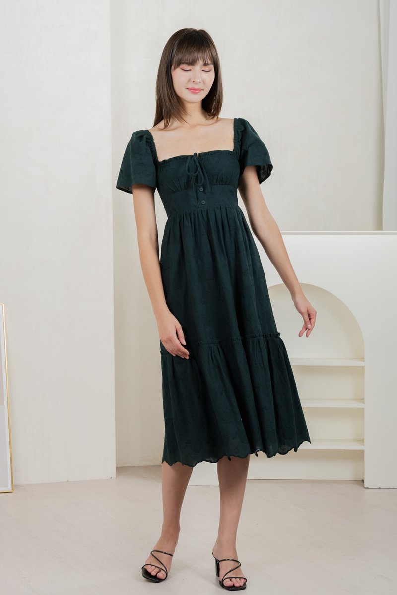 Brilliant Broderie Ribbon Midi Dress In Emerald