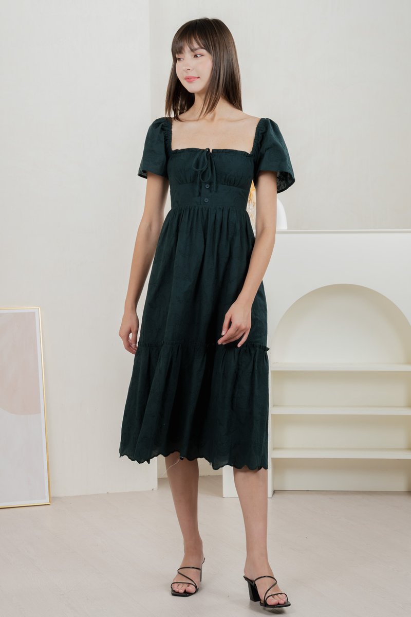 Brilliant Broderie Ribbon Midi Dress In Emerald