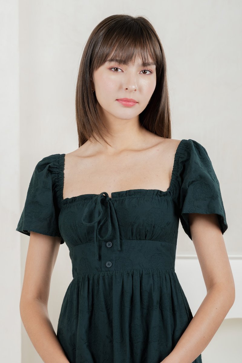 Brilliant Broderie Ribbon Midi Dress In Emerald
