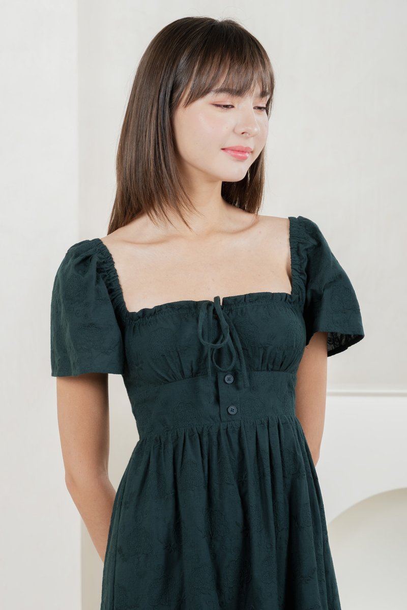 Brilliant Broderie Ribbon Midi Dress In Emerald