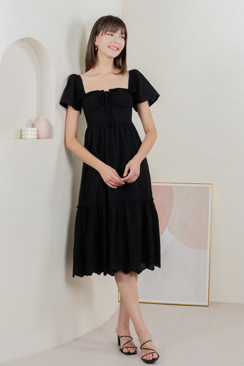 Brilliant Broderie Ribbon Midi Dress In Black