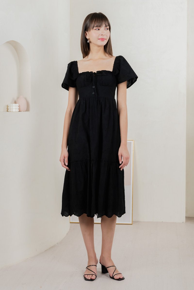 Brilliant Broderie Ribbon Midi Dress In Black