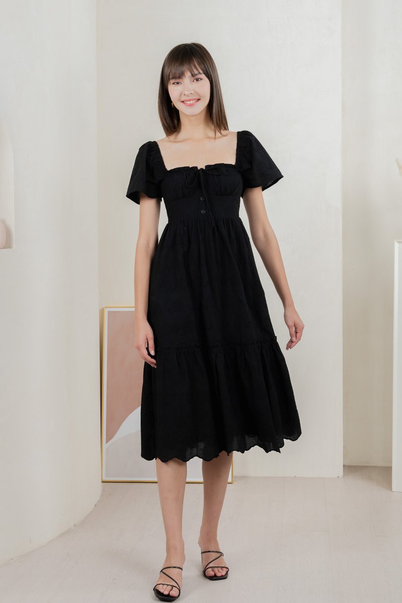 Brilliant Broderie Ribbon Midi Dress In Black