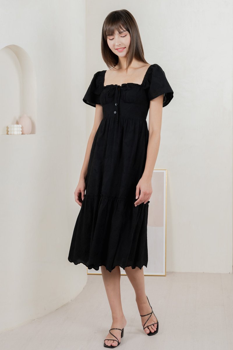 Brilliant Broderie Ribbon Midi Dress In Black