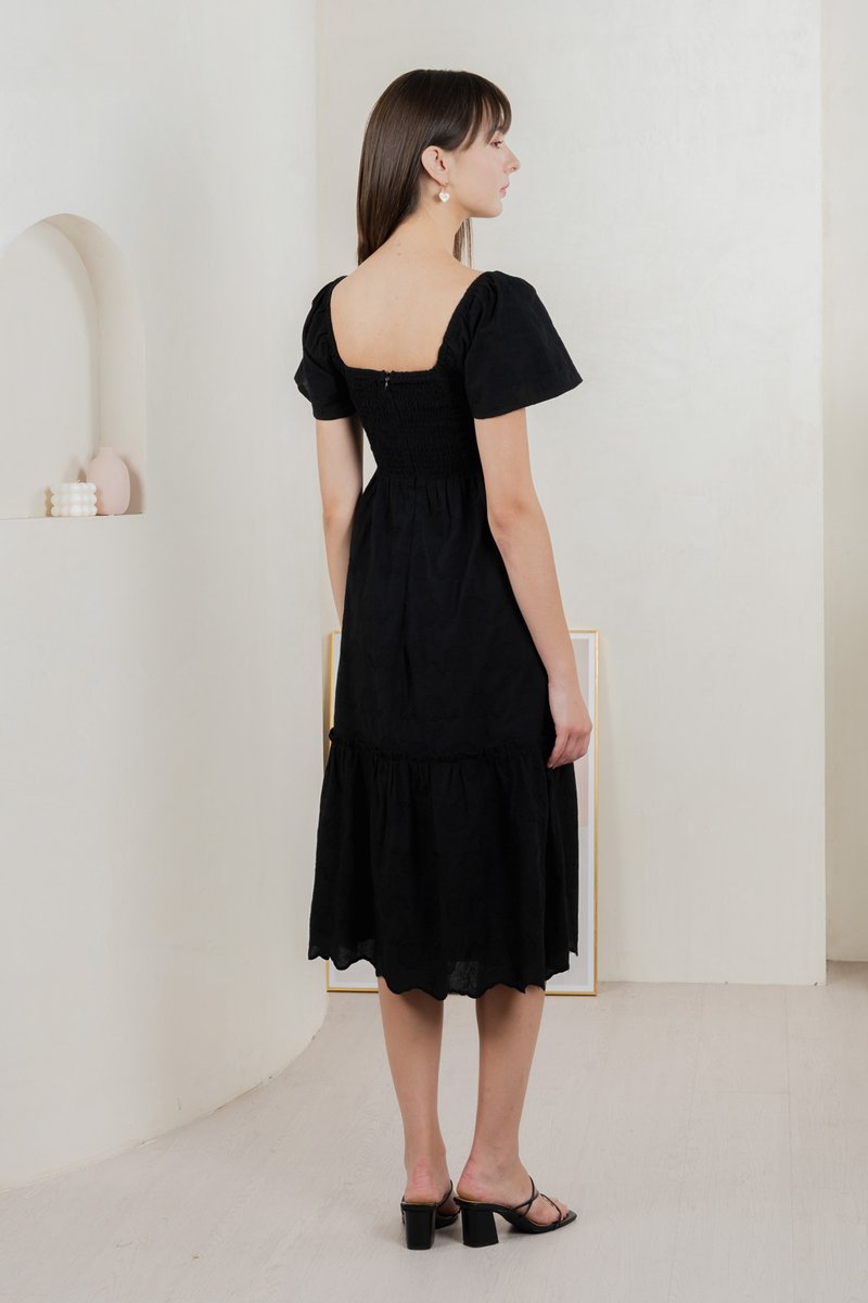 Brilliant Broderie Ribbon Midi Dress In Black
