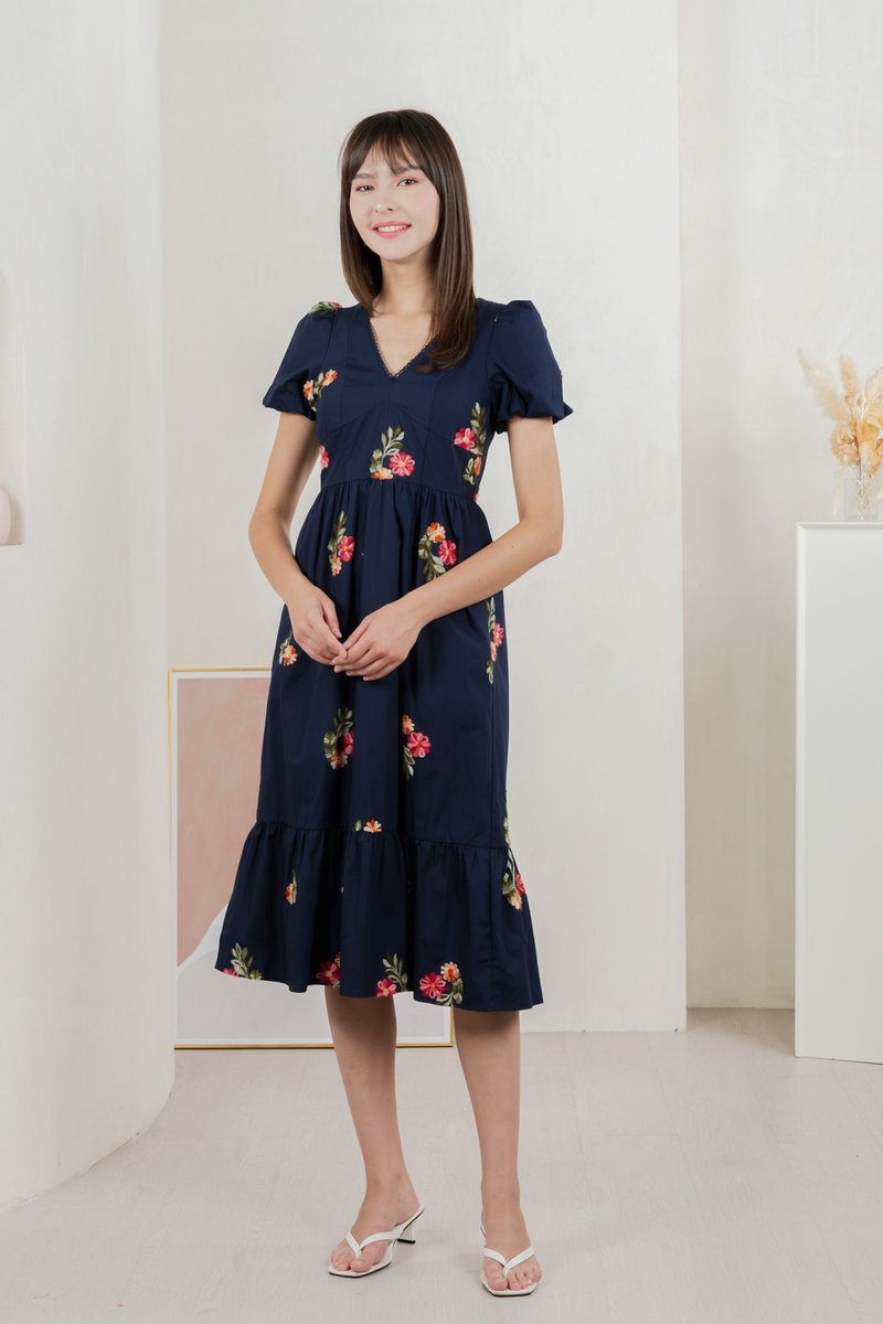 Foxglove Floral Embroidery Midi Dress In Navy (XS)