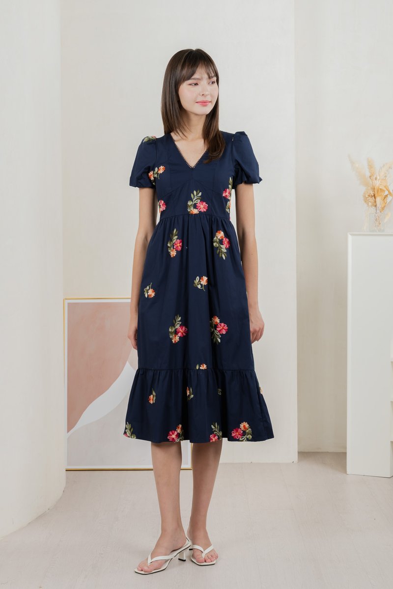 Foxglove Floral Embroidery Midi Dress In Navy (XS)