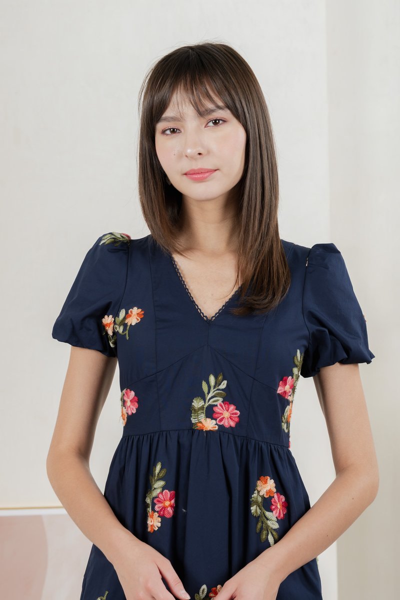 Foxglove Floral Embroidery Midi Dress In Navy (XS)