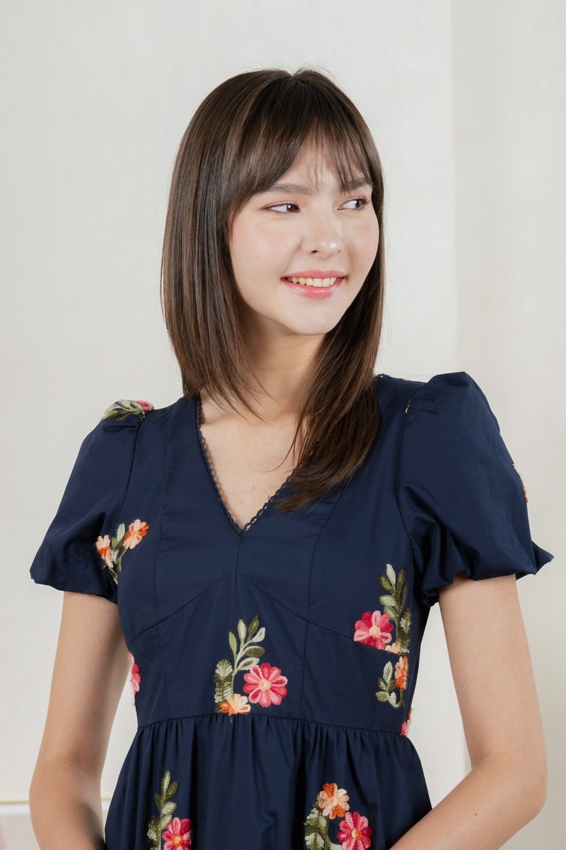 Foxglove Floral Embroidery Midi Dress In Navy (XS)