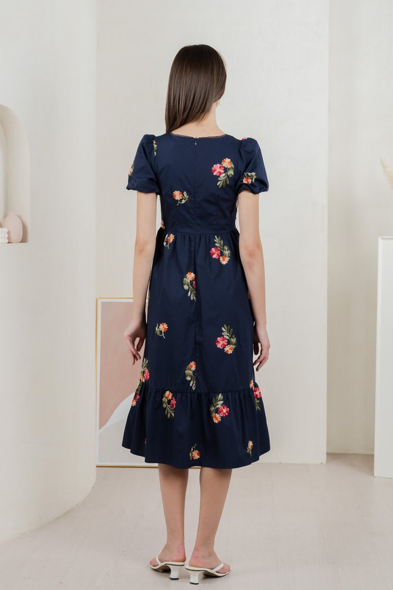 Foxglove Floral Embroidery Midi Dress In Navy (XS)