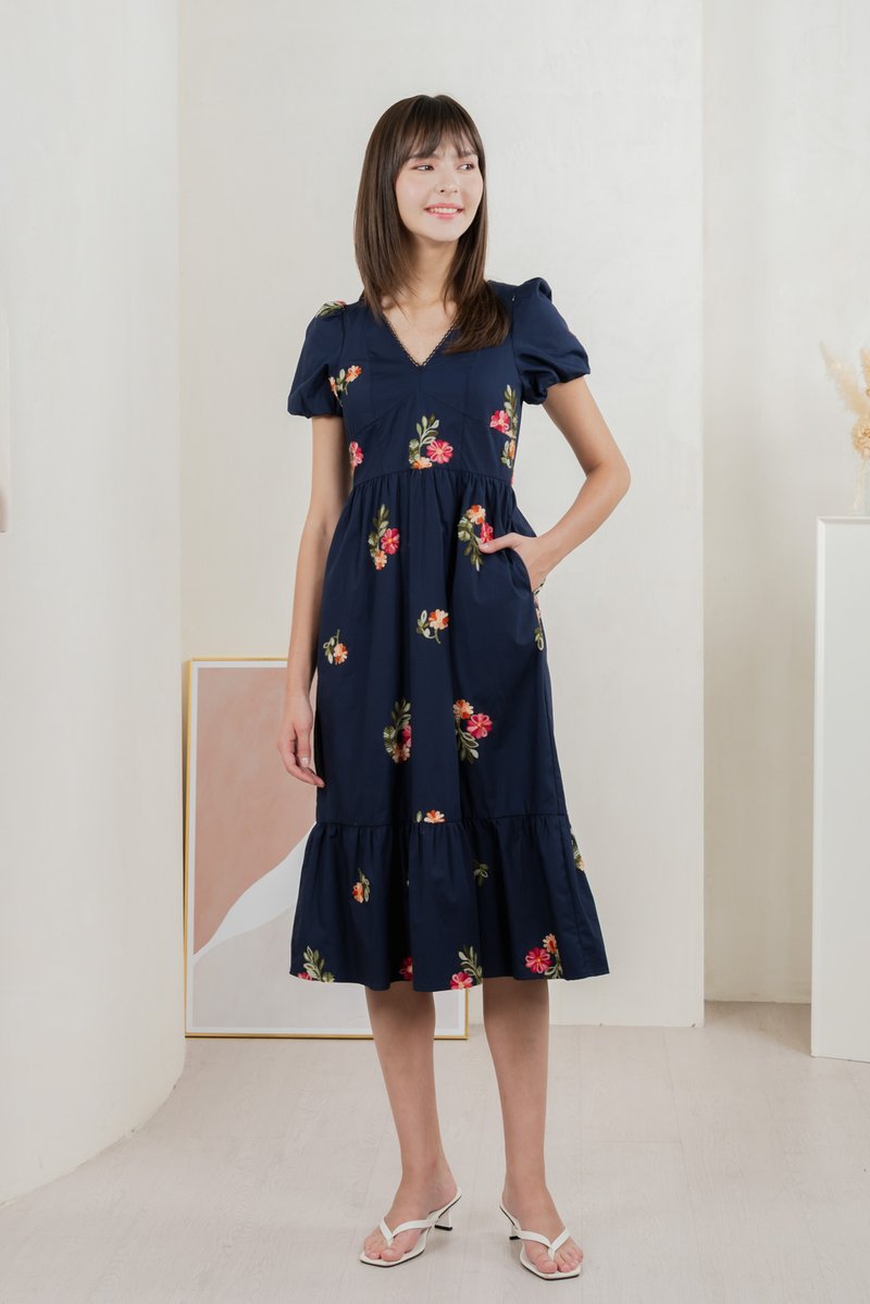 Foxglove Floral Embroidery Midi Dress In Navy (XS)