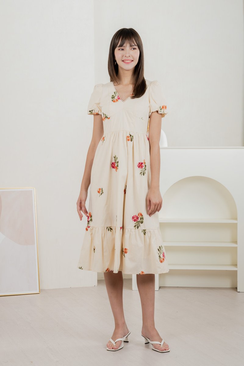 Foxglove Floral Embroidery Midi Dress In Cream (XS)