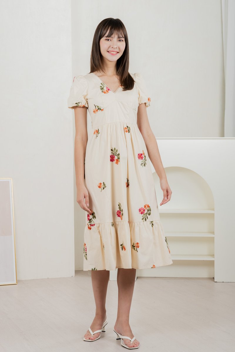 Foxglove Floral Embroidery Midi Dress In Cream (XS)