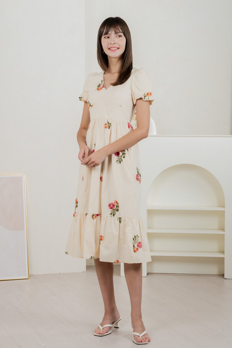 Foxglove Floral Embroidery Midi Dress In Cream (XS)