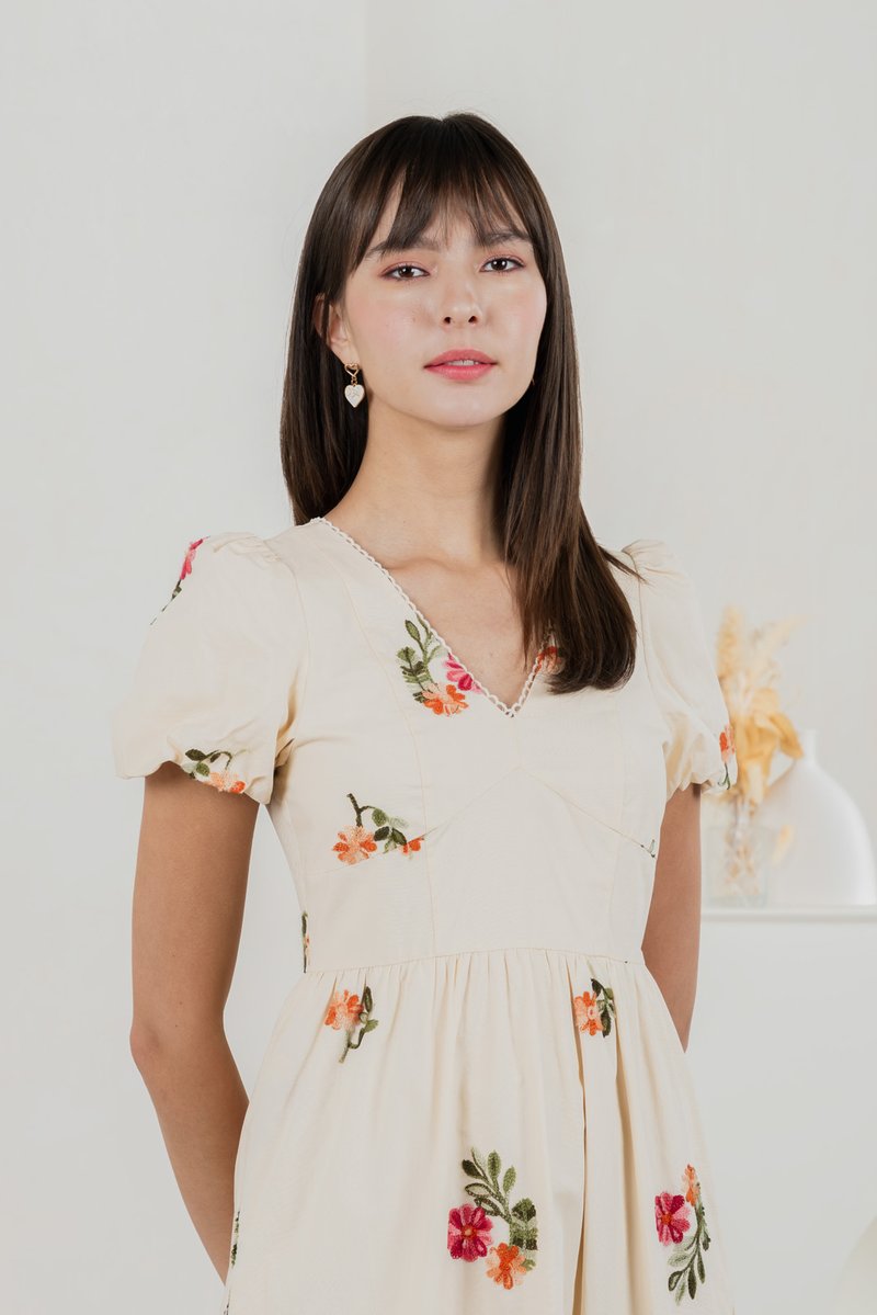 Foxglove Floral Embroidery Midi Dress In Cream (XS)