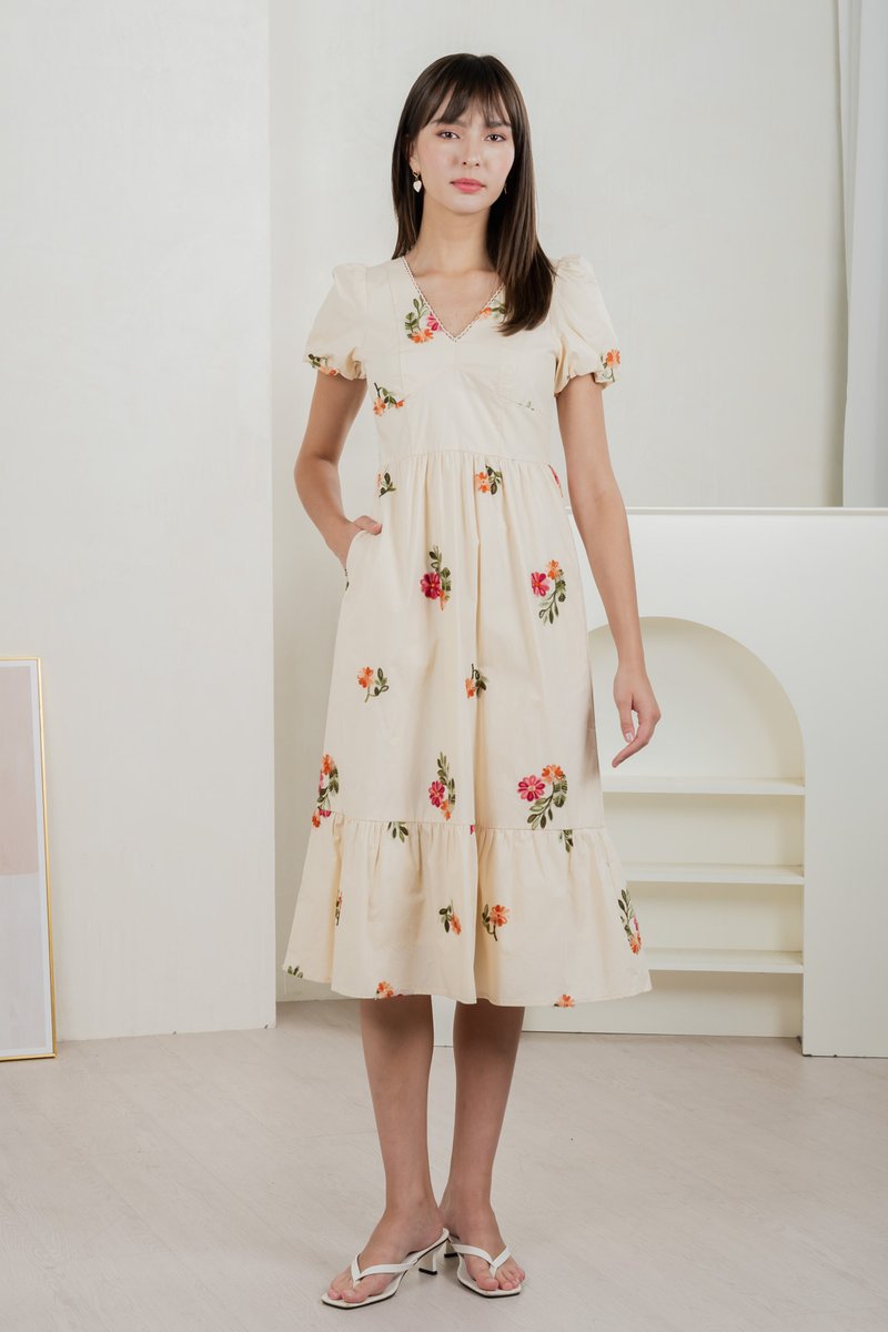 Foxglove Floral Embroidery Midi Dress In Cream (XS)