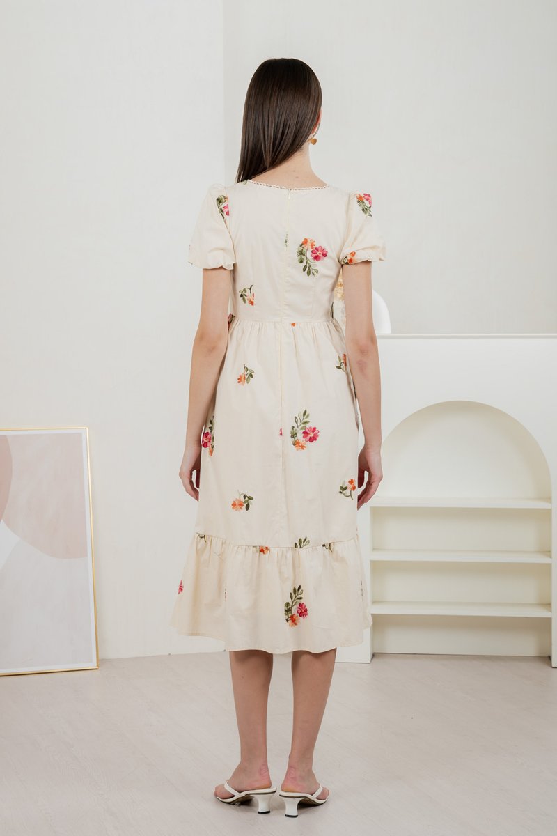 Foxglove Floral Embroidery Midi Dress In Cream (XS)