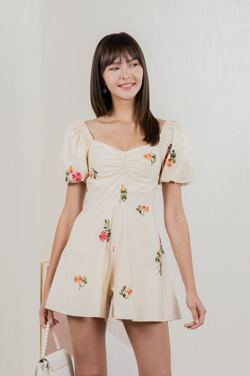 Foxglove Floral Embroidery Romper In Cream