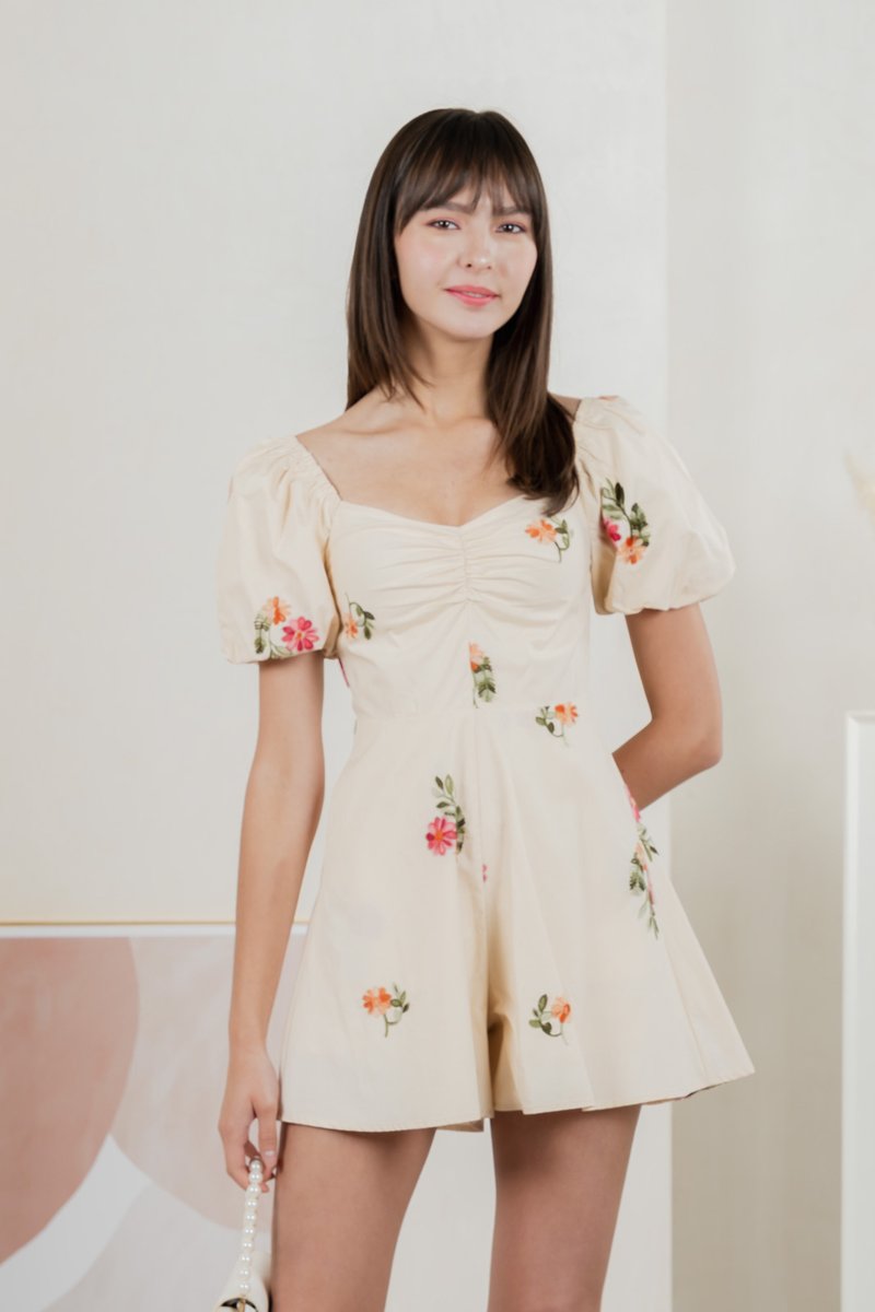 Foxglove Floral Embroidery Romper In Cream