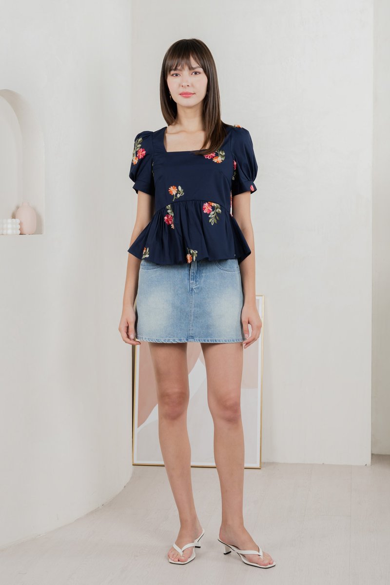 Foxglove Embroidery Babydoll Top In Navy (S)