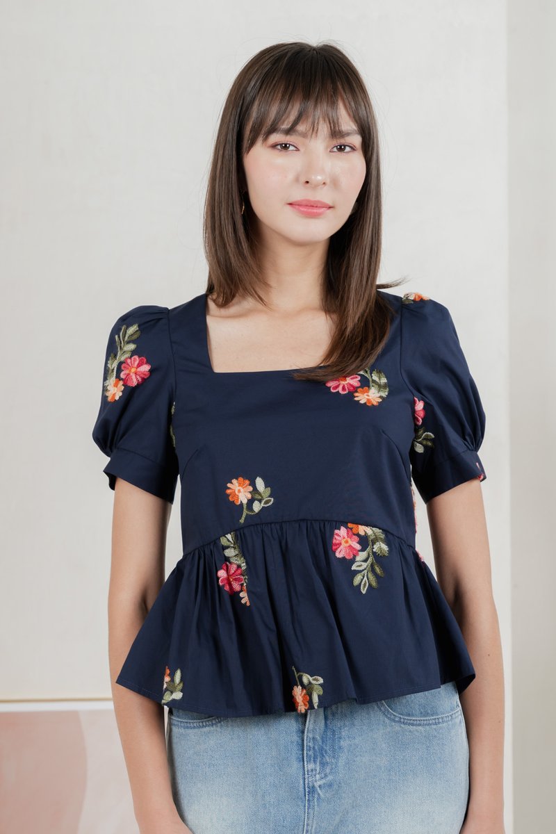 Foxglove Embroidery Babydoll Top In Navy (S)