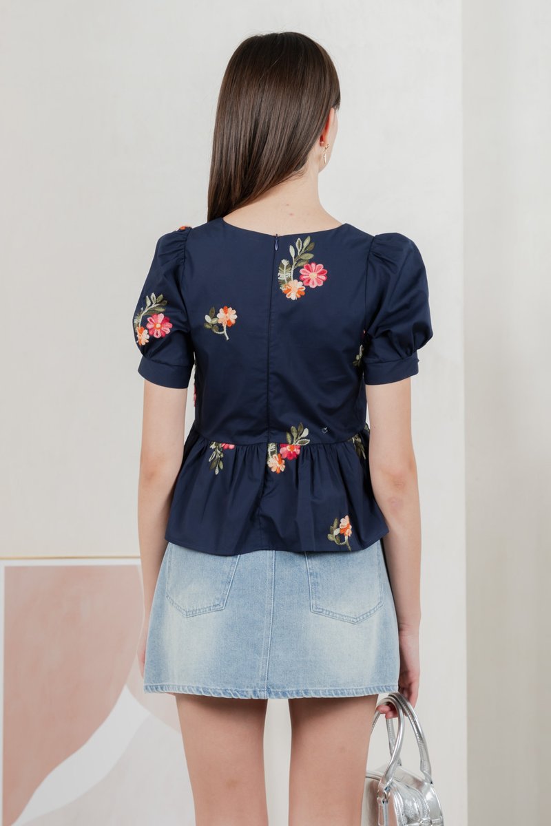 Foxglove Embroidery Babydoll Top In Navy (S)