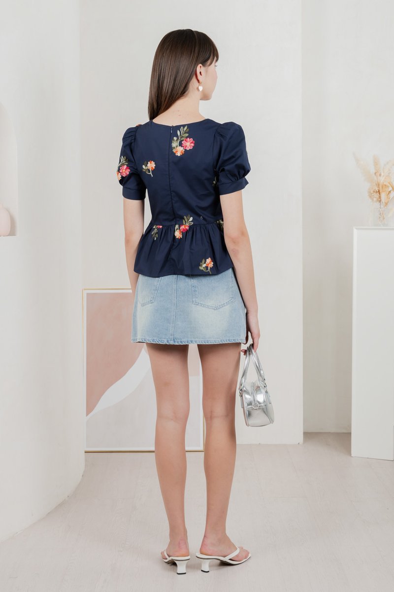 Foxglove Embroidery Babydoll Top In Navy (S)
