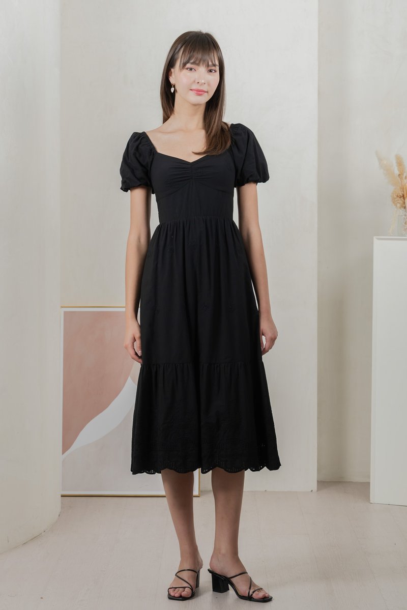 Enchant Embroidered Empire Midi Dress In Black