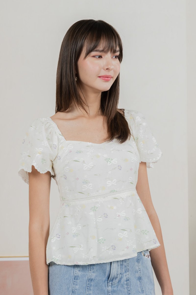 Fantasy Floral Ribbon Embroidery Top In Ivory