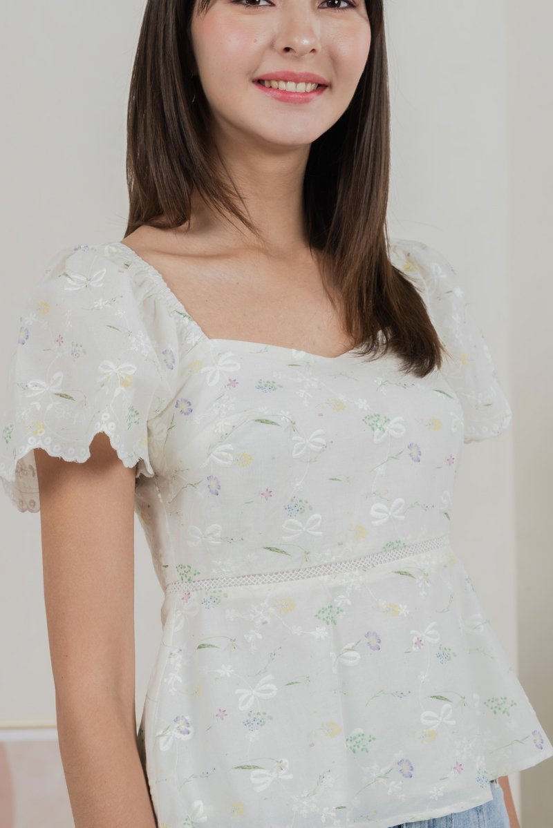 Fantasy Floral Ribbon Embroidery Top In Ivory