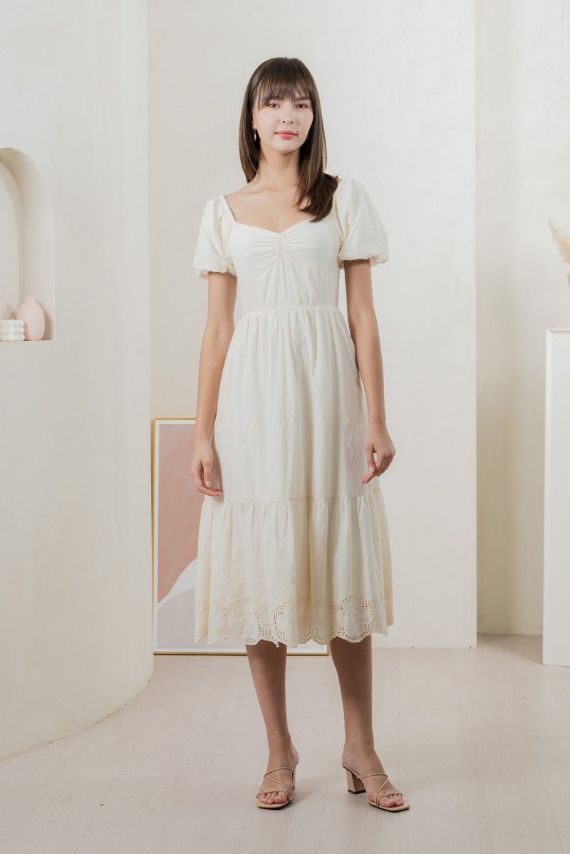 Enchant Embroidered Empire Midi Dress In Cream