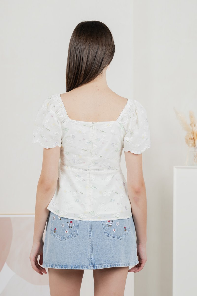 Fantasy Floral Ribbon Embroidery Top In Ivory